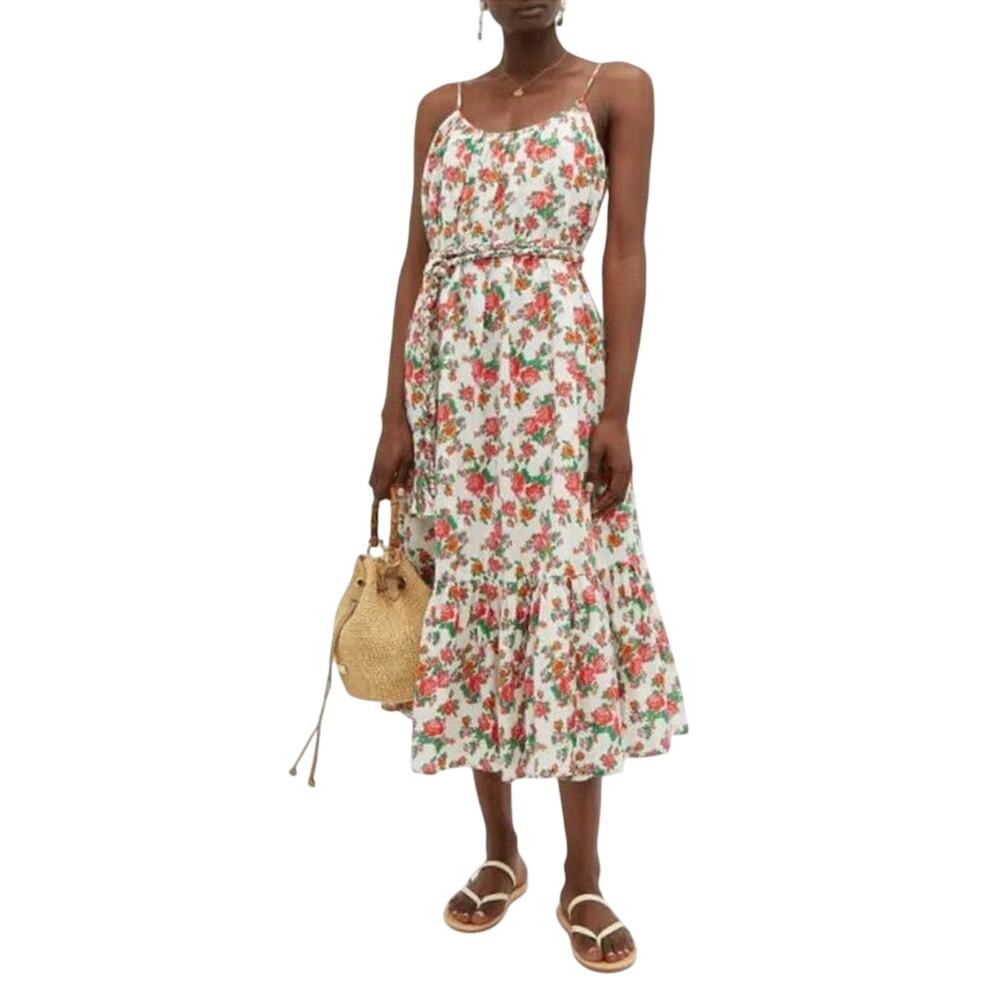 RHODE White Floral Midi Dress with Red & Green Print